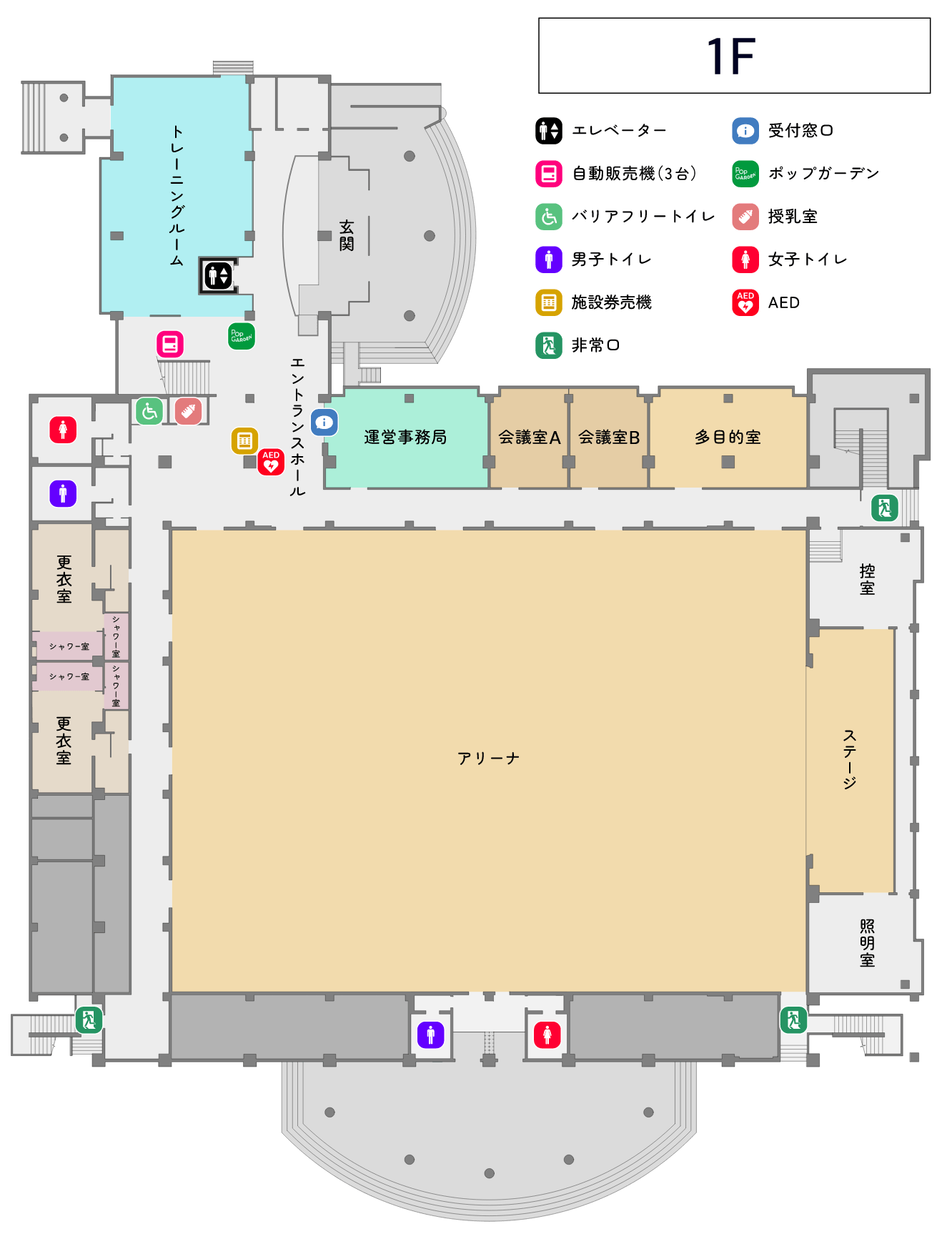 三豊市総合体育館1階の施設案内図（上面図）。受付窓口やアリーナ、トレーニングルームなどの位置がわかるマップ